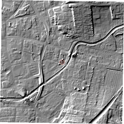 Shaded relief map of the ground around DN226LJ, computed from Environment Agency LiDAR. The ground here sits at about 15 m above sea level and falls 11 m across the surrounding 800 m. Surface water reaching this point runs off ground lying to the south-south-east, 4.7 m higher.