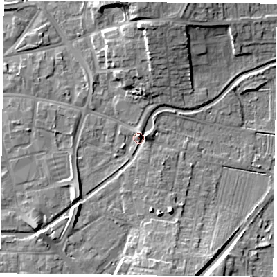 Shaded relief map of the ground around DN226LL, computed from Environment Agency LiDAR. The ground here sits at about 16 m above sea level and falls 12 m across the surrounding 800 m. Surface water reaching this point runs off ground lying to the north-north-east, 2.5 m higher.
