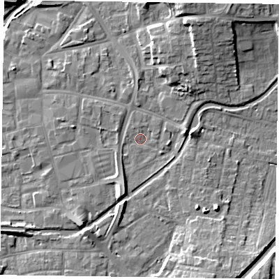 Shaded relief map of the ground around DN226LQ, computed from Environment Agency LiDAR. The ground here sits at about 15 m above sea level and falls 13 m across the surrounding 800 m. Surface water reaching this point runs off ground lying to the south-south-east, 4.7 m higher.