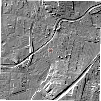 Shaded relief map of the ground around DN226LR, computed from Environment Agency LiDAR. The ground here sits at about 16 m above sea level and falls 11 m across the surrounding 800 m. Surface water reaching this point runs off ground lying to the south-south-east, 3.5 m higher.