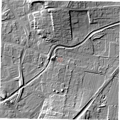 Shaded relief map of the ground around DN226NA, computed from Environment Agency LiDAR. The ground here sits at about 15 m above sea level and falls 11 m across the surrounding 800 m. Surface water reaching this point runs off ground lying to the south, 7.7 m higher.