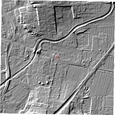 Shaded relief map of the ground around DN226NB, computed from Environment Agency LiDAR. The ground here sits at about 15 m above sea level and falls 10 m across the surrounding 800 m. Surface water reaching this point runs off ground lying to the south-south-west, 8.5 m higher.