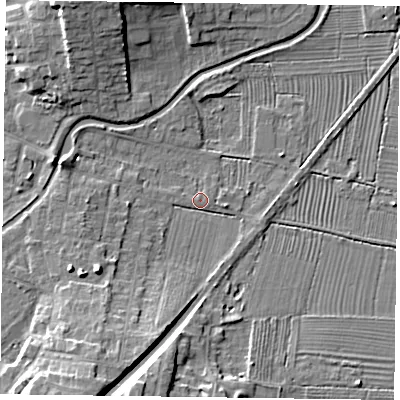 Shaded relief map of the ground around DN226ND, computed from Environment Agency LiDAR. The ground here sits at about 15 m above sea level and falls 10 m across the surrounding 800 m. Surface water reaching this point runs off ground lying to the south-south-west, 8.7 m higher.