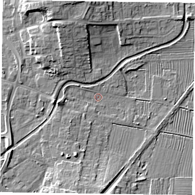 Shaded relief map of the ground around DN226NF, computed from Environment Agency LiDAR. The ground here sits at about 15 m above sea level and falls 11 m across the surrounding 800 m. Surface water reaching this point runs off ground lying to the south-south-west, 7.4 m higher.