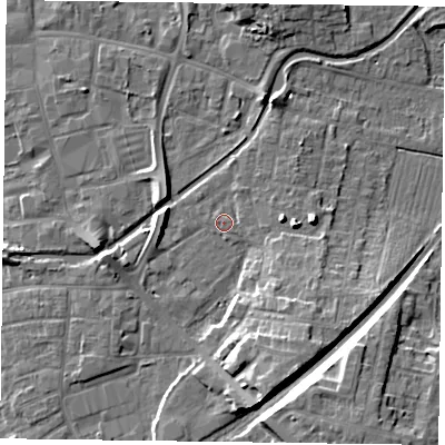 Shaded relief map of the ground around DN226NH, computed from Environment Agency LiDAR. The ground here sits at about 16 m above sea level and falls 11 m across the surrounding 800 m. Surface water reaching this point runs off ground lying to the west, 3.2 m higher.