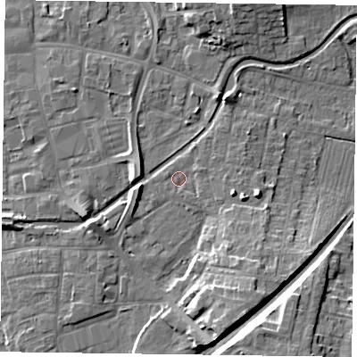 Shaded relief map of the ground around DN226NJ, computed from Environment Agency LiDAR. The ground here sits at about 16 m above sea level and falls 11 m across the surrounding 800 m. Surface water reaching this point runs off ground lying to the south-east, 1.1 m higher.