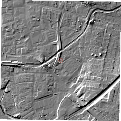 Shaded relief map of the ground around DN226NL, computed from Environment Agency LiDAR. The ground here sits at about 16 m above sea level and falls 12 m across the surrounding 800 m. Surface water reaching this point runs off ground lying to the north, 3.2 m higher.
