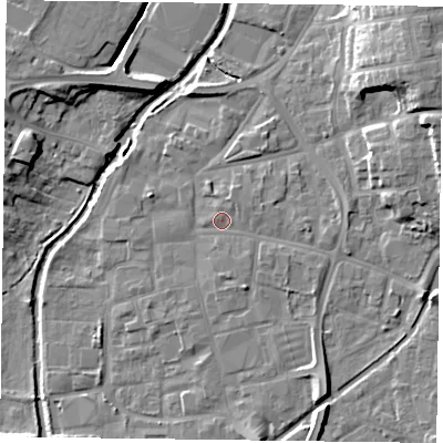 Shaded relief map of the ground around DN226NN, computed from Environment Agency LiDAR. The ground here sits at about 15 m above sea level and falls 13 m across the surrounding 800 m. Surface water reaching this point runs off ground lying to the east, 4.3 m higher.