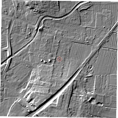 Shaded relief map of the ground around DN226NQ, computed from Environment Agency LiDAR. The ground here sits at about 15 m above sea level and falls 11 m across the surrounding 800 m. Surface water reaching this point runs off ground lying to the south-south-west, 7.5 m higher.