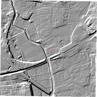 Shaded relief map of the ground around DN226NS, computed from Environment Agency LiDAR. The ground here sits at about 16 m above sea level and falls 11 m across the surrounding 800 m. Surface water reaching this point runs off ground lying to the east-north-east, 8.6 m higher.