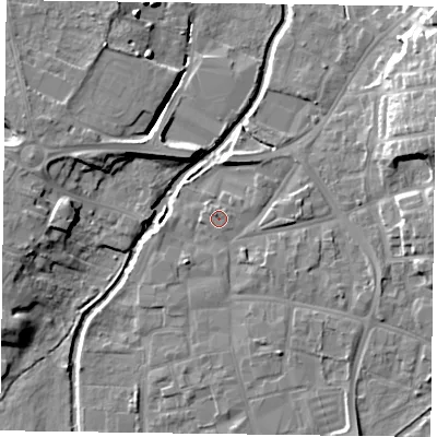 Shaded relief map of the ground around DN226NU, computed from Environment Agency LiDAR. The ground here sits at about 15 m above sea level and falls 14 m across the surrounding 800 m. Surface water reaching this point runs off ground lying to the north-west, 0.8 m higher.