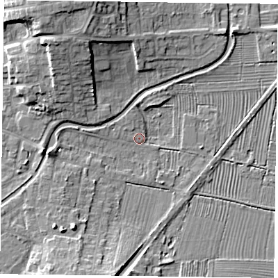 Shaded relief map of the ground around DN226NW, computed from Environment Agency LiDAR. The ground here sits at about 15 m above sea level and falls 11 m across the surrounding 800 m. Surface water reaching this point runs off ground lying to the north-west, 10.1 m higher.