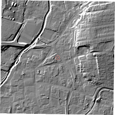 Shaded relief map of the ground around DN226NX, computed from Environment Agency LiDAR. The ground here sits at about 14 m above sea level and falls 14 m across the surrounding 800 m. Surface water reaching this point runs off ground lying to the east-north-east, 10.9 m higher.