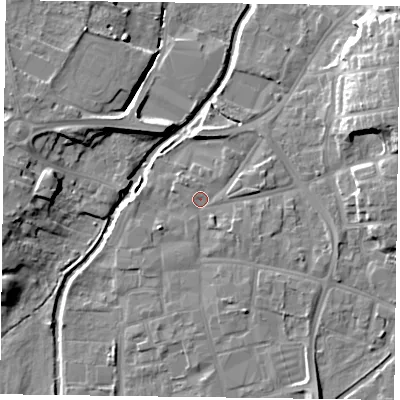 Shaded relief map of the ground around DN226NY, computed from Environment Agency LiDAR. The ground here sits at about 14 m above sea level and falls 14 m across the surrounding 800 m. Surface water reaching this point runs off ground lying to the south-south-east, 4.3 m higher.