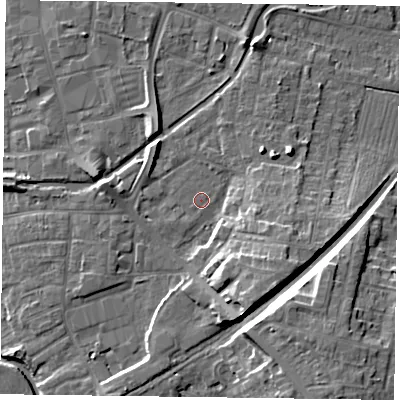 Shaded relief map of the ground around DN226NZ, computed from Environment Agency LiDAR. The ground here sits at about 16 m above sea level and falls 12 m across the surrounding 800 m. Surface water reaching this point runs off ground lying to the south-west, 0.8 m higher.