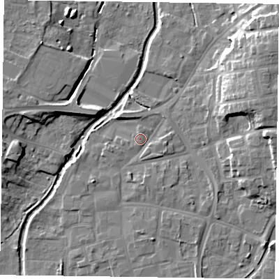 Shaded relief map of the ground around DN226PA, computed from Environment Agency LiDAR. The ground here sits at about 14 m above sea level and falls 14 m across the surrounding 800 m. Surface water reaching this point runs off ground lying to the south, 3.0 m higher.