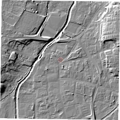 Shaded relief map of the ground around DN226PB, computed from Environment Agency LiDAR. The ground here sits at about 14 m above sea level and falls 14 m across the surrounding 800 m. Surface water reaching this point runs off ground lying to the south-south-east, 4.3 m higher.