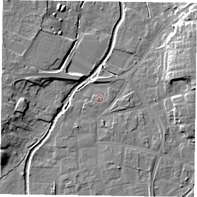 Shaded relief map of the ground around DN226PE, computed from Environment Agency LiDAR. The ground here sits at about 14 m above sea level and falls 14 m across the surrounding 800 m. Surface water reaching this point runs off ground lying to the east, 1.1 m higher.