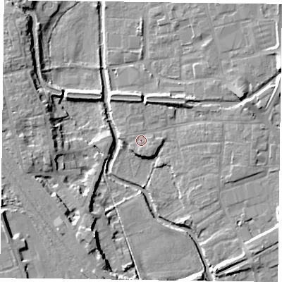 Shaded relief map of the ground around DN226PG, computed from Environment Agency LiDAR. The ground here sits at about 16 m above sea level and falls 12 m across the surrounding 800 m. Surface water reaching this point runs off ground lying to the south-south-east, 1.8 m higher.