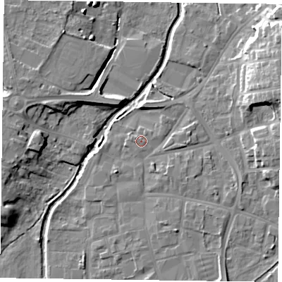 Shaded relief map of the ground around DN226PH, computed from Environment Agency LiDAR. The ground here sits at about 15 m above sea level and falls 14 m across the surrounding 800 m. Surface water reaching this point runs off ground lying to the west, 0.8 m higher.