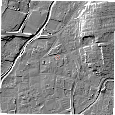Shaded relief map of the ground around DN226PJ, computed from Environment Agency LiDAR. The ground here sits at about 15 m above sea level and falls 14 m across the surrounding 800 m. Surface water reaching this point runs off ground lying to the south-west, 1.5 m higher.