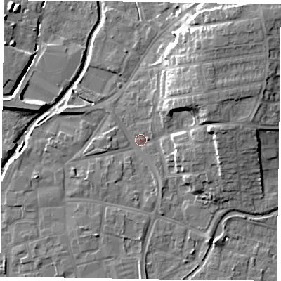 Shaded relief map of the ground around DN226PN, computed from Environment Agency LiDAR. The ground here sits at about 15 m above sea level and falls 14 m across the surrounding 800 m. Surface water reaching this point runs off ground lying to the east-north-east, 10.9 m higher.