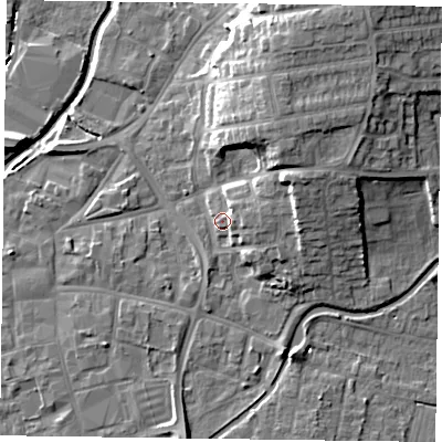 Shaded relief map of the ground around DN226PP, computed from Environment Agency LiDAR. The ground here sits at about 16 m above sea level and falls 14 m across the surrounding 800 m. Surface water reaching this point runs off ground lying to the east-north-east, 7.2 m higher.