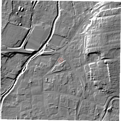 Shaded relief map of the ground around DN226PQ, computed from Environment Agency LiDAR. The ground here sits at about 14 m above sea level and falls 14 m across the surrounding 800 m. Surface water reaching this point runs off ground lying to the south, 3.0 m higher.