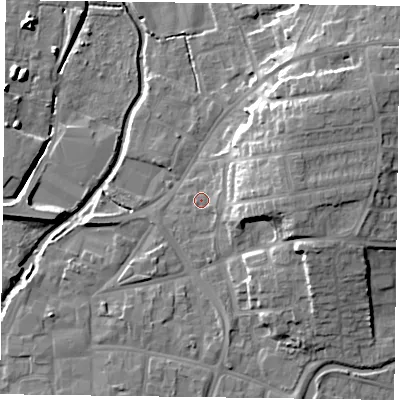 Shaded relief map of the ground around DN226PR, computed from Environment Agency LiDAR. The ground here sits at about 15 m above sea level and falls 15 m across the surrounding 800 m. Surface water reaching this point runs off ground lying to the east, 1.7 m higher.