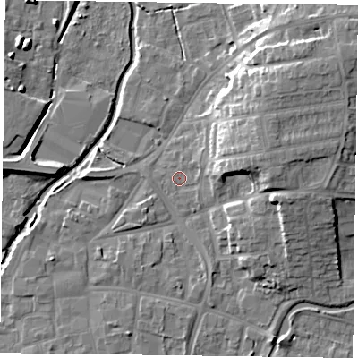 Shaded relief map of the ground around DN226PS, computed from Environment Agency LiDAR. The ground here sits at about 14 m above sea level and falls 14 m across the surrounding 800 m. Surface water reaching this point runs off ground lying to the east-north-east, 10.8 m higher.