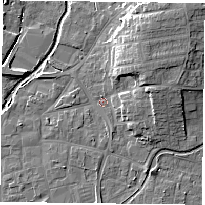 Shaded relief map of the ground around DN226PW, computed from Environment Agency LiDAR. The ground here sits at about 15 m above sea level and falls 14 m across the surrounding 800 m. Surface water reaching this point runs off ground lying to the north-east, 10.7 m higher.