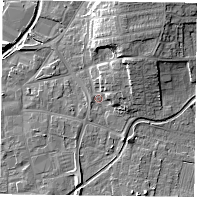 Shaded relief map of the ground around DN226QZ, computed from Environment Agency LiDAR. The ground here sits at about 15 m above sea level and falls 14 m across the surrounding 800 m. Surface water reaching this point runs off ground lying to the north-east, 6.9 m higher.