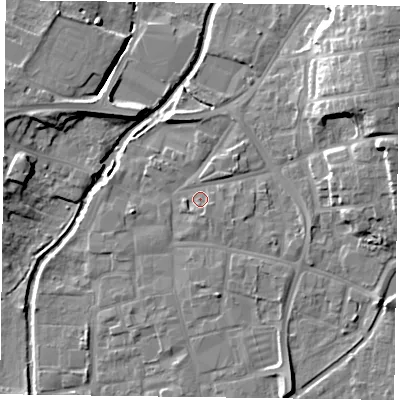 Shaded relief map of the ground around DN226RF, computed from Environment Agency LiDAR. The ground here sits at about 15 m above sea level and falls 14 m across the surrounding 800 m. Surface water reaching this point runs off ground lying to the south-east, 1.5 m higher.