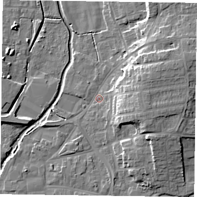 Shaded relief map of the ground around DN226RG, computed from Environment Agency LiDAR. The ground here sits at about 14 m above sea level and falls 15 m across the surrounding 800 m. Surface water reaching this point runs off ground lying to the east-north-east, 11.6 m higher.