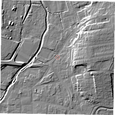 Shaded relief map of the ground around DN226RH, computed from Environment Agency LiDAR. The ground here sits at about 14 m above sea level and falls 15 m across the surrounding 800 m. Surface water reaching this point runs off ground lying to the east-north-east, 11.9 m higher.