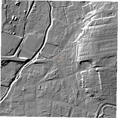 Shaded relief map of the ground around DN226RJ, computed from Environment Agency LiDAR. The ground here sits at about 14 m above sea level and falls 15 m across the surrounding 800 m. Surface water reaching this point runs off ground lying to the east, 11.2 m higher.