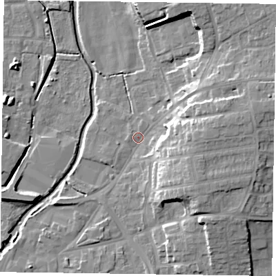 Shaded relief map of the ground around DN226RN, computed from Environment Agency LiDAR. The ground here sits at about 14 m above sea level and falls 15 m across the surrounding 800 m. Surface water reaching this point runs off ground lying to the east, 11.5 m higher.
