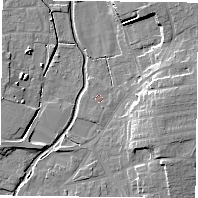 Shaded relief map of the ground around DN226RY, computed from Environment Agency LiDAR. The ground here sits at about 14 m above sea level and falls 15 m across the surrounding 800 m. Surface water reaching this point runs off ground lying to the south-south-east, 1.0 m higher.
