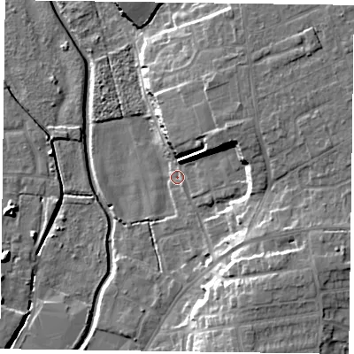 Shaded relief map of the ground around DN226SU, computed from Environment Agency LiDAR. The ground here sits at about 14 m above sea level and falls 15 m across the surrounding 800 m. Surface water reaching this point runs off ground lying to the east-south-east, 12.3 m higher.