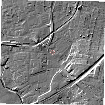 Shaded relief map of the ground around DN226TG, computed from Environment Agency LiDAR. The ground here sits at about 16 m above sea level and falls 12 m across the surrounding 800 m. Surface water reaching this point runs off ground lying to the north-west, 1.4 m higher.