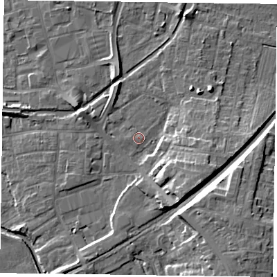 Shaded relief map of the ground around DN226TP, computed from Environment Agency LiDAR. The ground here sits at about 16 m above sea level and falls 12 m across the surrounding 800 m. Surface water reaching this point runs off ground lying to the west, 0.8 m higher.
