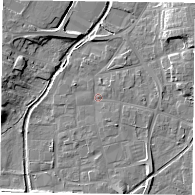 Shaded relief map of the ground around DN226UX, computed from Environment Agency LiDAR. The ground here sits at about 15 m above sea level and falls 13 m across the surrounding 800 m. Surface water reaching this point runs off ground lying to the south-east, 4.4 m higher.