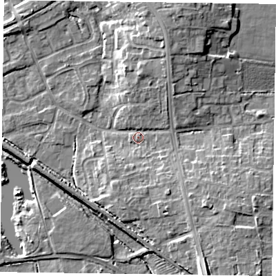 Shaded relief map of the ground around DN227AA, computed from Environment Agency LiDAR. The ground here sits at about 18 m above sea level and falls 11 m across the surrounding 800 m. Surface water reaching this point runs off ground lying to the south-east, 4.0 m higher.