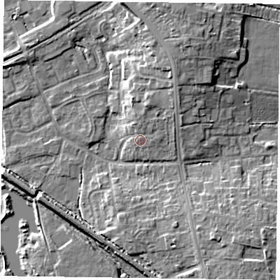 Shaded relief map of the ground around DN227AB, computed from Environment Agency LiDAR. The ground here sits at about 19 m above sea level and falls 11 m across the surrounding 800 m. Surface water reaching this point runs off ground lying to the north-east, 4.5 m higher.