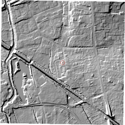 Shaded relief map of the ground around DN227AD, computed from Environment Agency LiDAR. The ground here sits at about 18 m above sea level and falls 12 m across the surrounding 800 m. Surface water reaching this point runs off ground lying to the south-east, 2.0 m higher.