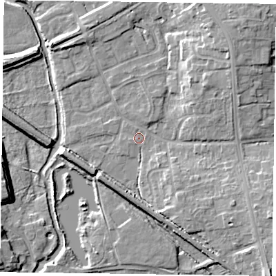 Shaded relief map of the ground around DN227AF, computed from Environment Agency LiDAR. The ground here sits at about 16 m above sea level and falls 12 m across the surrounding 800 m. The ground contributing surface water to this point lies to the west.