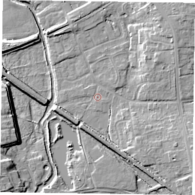 Shaded relief map of the ground around DN227AG, computed from Environment Agency LiDAR. The ground here sits at about 16 m above sea level and falls 12 m across the surrounding 800 m. Surface water reaching this point runs off ground lying to the east-south-east, 0.9 m higher.