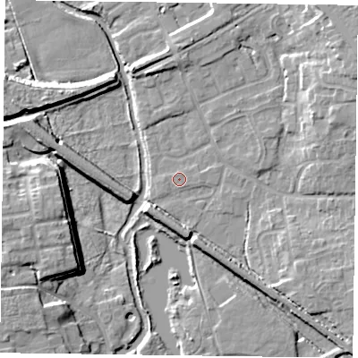 Shaded relief map of the ground around DN227AH, computed from Environment Agency LiDAR. The ground here sits at about 16 m above sea level and falls 11 m across the surrounding 800 m. Surface water reaching this point runs off ground lying to the east, 0.7 m higher.