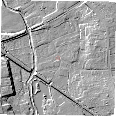 Shaded relief map of the ground around DN227AJ, computed from Environment Agency LiDAR. The ground here sits at about 16 m above sea level and falls 12 m across the surrounding 800 m. Surface water reaching this point runs off ground lying to the east-north-east, 1.4 m higher.