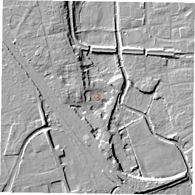 Shaded relief map of the ground around DN227AP, computed from Environment Agency LiDAR. The ground here sits at about 16 m above sea level and falls 12 m across the surrounding 800 m. Surface water reaching this point runs off ground lying to the north-west, 8.0 m higher.